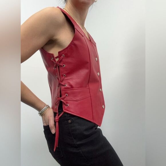 Vintage 90s Red Lace Up Leather Biker Vest Snap Front Size M - Picture 6 of 14